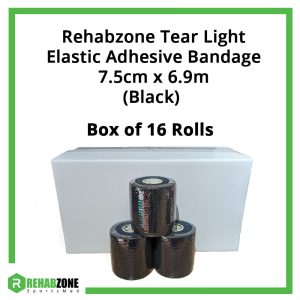 Rehabzone Tear Light Elastic Adhesive Bandage 7.5cm x 6.9m Box of 16 Rolls (Black)