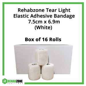 Rehabzone Tear Light Elastic Adhesive Bandage 7.5cm x 6.9m Box of 16 Rolls (White)